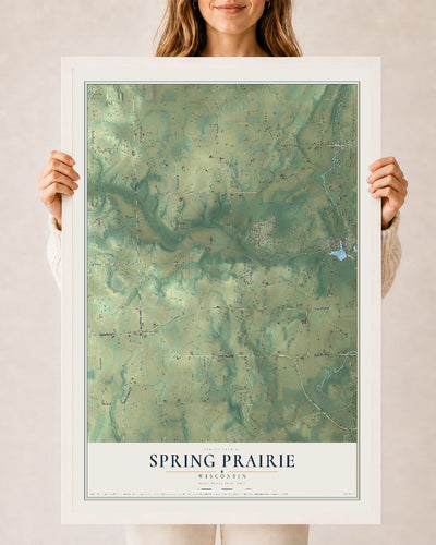 Map of Spring Prairie, Wisconsin, 24 x 36 inch print in a white wood frame