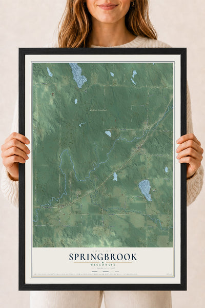 Map of Springbrook, Wisconsin, 18 x 24 inch print in a black wood frame