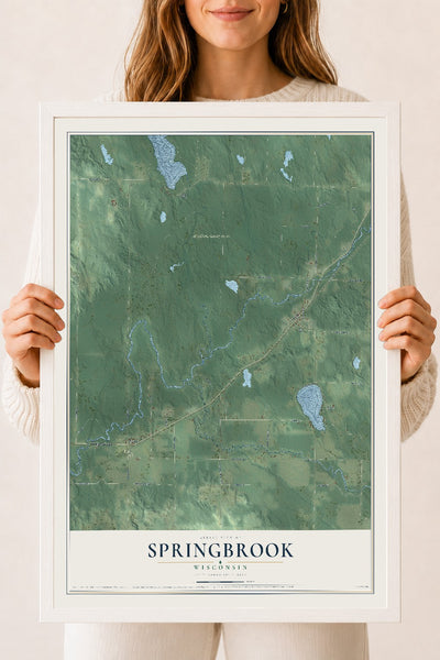 Map of Springbrook, Wisconsin, 18 x 24 inch print in a white wood frame