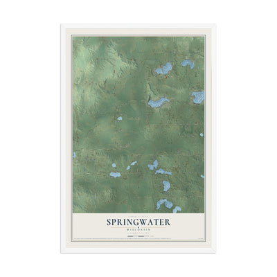 Map of Springwater, Wisconsin, 12 x 18 inch print in a white wood frame
