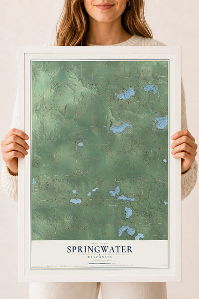 Map of Springwater, Wisconsin, 18 x 24 inch print in a white wood frame
