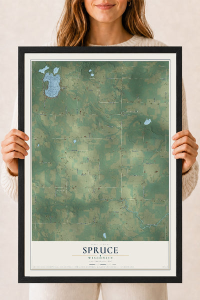 Map of Spruce, Wisconsin, 18 x 24 inch print in a black wood frame