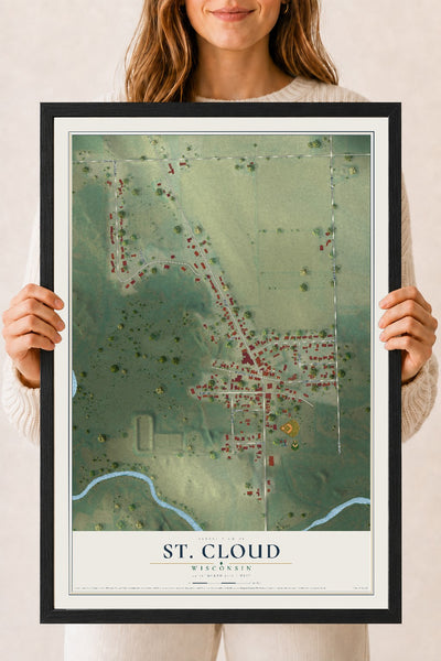 Map of St. Cloud, Wisconsin, 18 x 24 inch print in a black wood frame