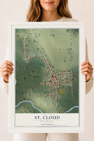 Map of St. Cloud, Wisconsin, 18 x 24 inch print in a white wood frame