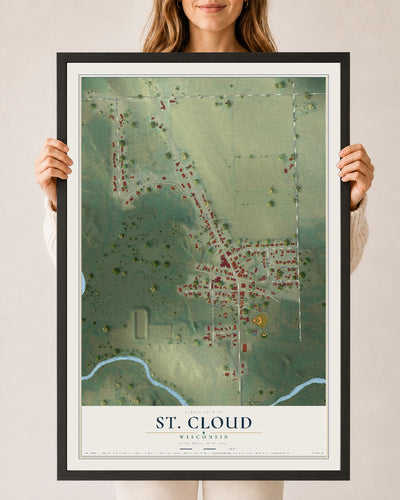 Map of St. Cloud, Wisconsin, 24 x 36 inch print in a black wood frame