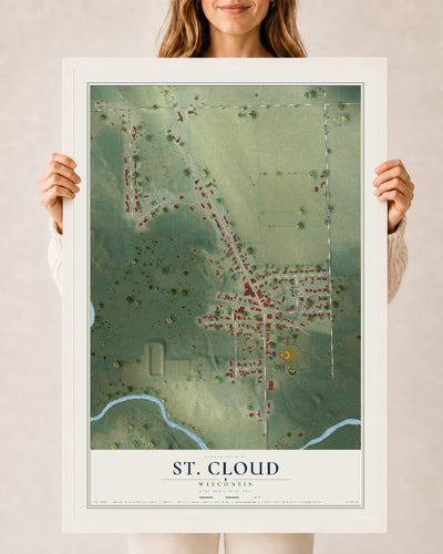 Map of St. Cloud, Wisconsin, 24 x 36 inch print in a white wood frame