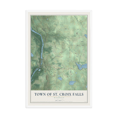Map of the Town of St. Croix Falls, Wisconsin, 12 x 18 inch print in a white wood frame