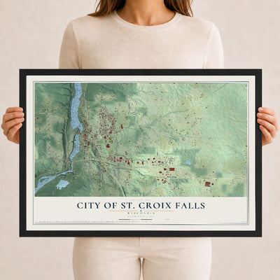 Map of St. Croix Falls, Wisconsin, 12 x 18 inch print in a black wood frame