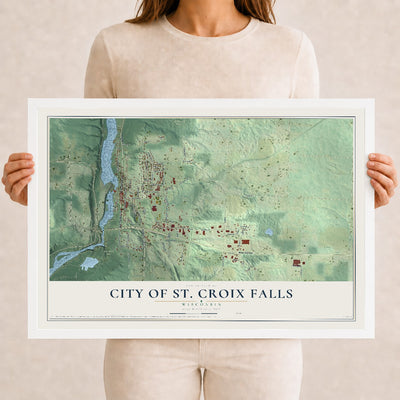 Map of St. Croix Falls, Wisconsin, 12 x 18 inch print in a white wood frame
