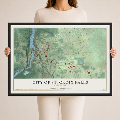 Map of St. Croix Falls, Wisconsin, 24 x 36 inch print in a black wood frame