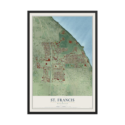 Map of St. Francis, Wisconsin, 12 x 18 inch print in a black wood frame