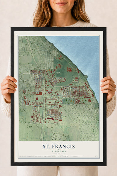 Map of St. Francis, Wisconsin, 18 x 24 inch print in a black wood frame