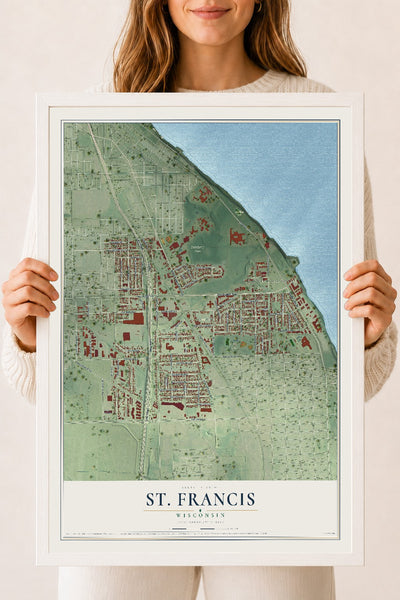 Map of St. Francis, Wisconsin, 18 x 24 inch print in a white wood frame