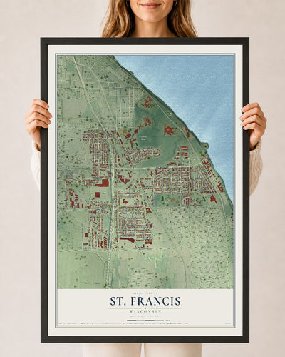 Map of St. Francis, Wisconsin, 24 x 36 inch print in a black wood frame
