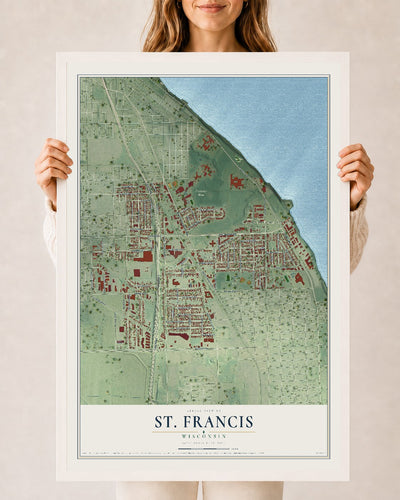 Map of St. Francis, Wisconsin, 24 x 36 inch print in a white wood frame