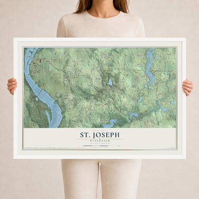 Map of St. Joseph, Wisconsin, 24 x 36 inch print in a white wood frame
