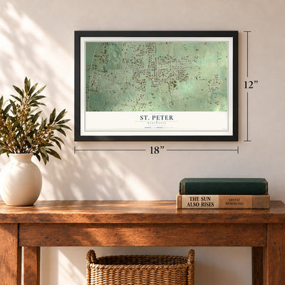 St. Peter, Wisconsin map, 12 x 18 inch print in a black frame in an entryway