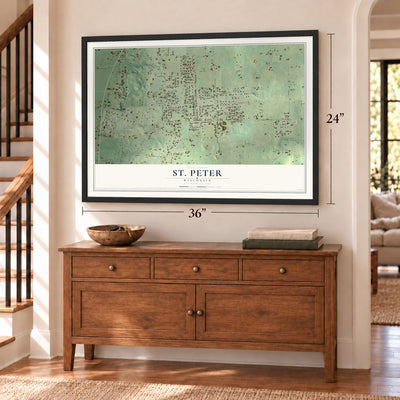 St. Peter, Wisconsin map, 24 x 36 inch print in a black frame above a dresser by a staircase