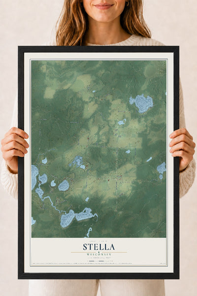 Map of Stella, Wisconsin, 18 x 24 inch print in a black wood frame