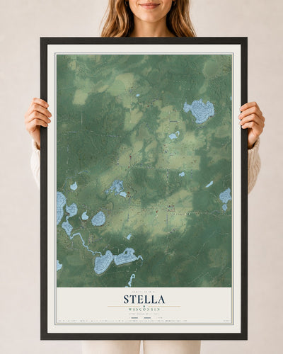 Map of Stella, Wisconsin, 24 x 36 inch print in a black wood frame
