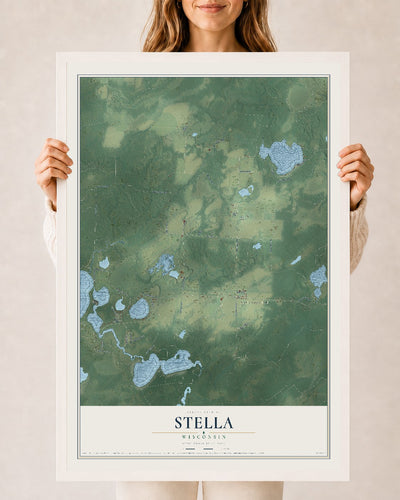 Map of Stella, Wisconsin, 24 x 36 inch print in a white wood frame