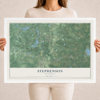 Map of Stephenson, Wisconsin, 18 x 24 inch print in a white wood frame