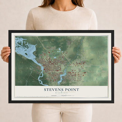 Map of Stevens Point, Wisconsin, 12 x 18 inch print in a black wood frame