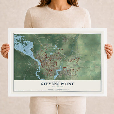 Map of Stevens Point, Wisconsin, 12 x 18 inch print in a white wood frame