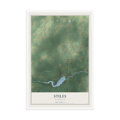Map of Stiles, Wisconsin, 12 x 18 inch print in a white wood frame