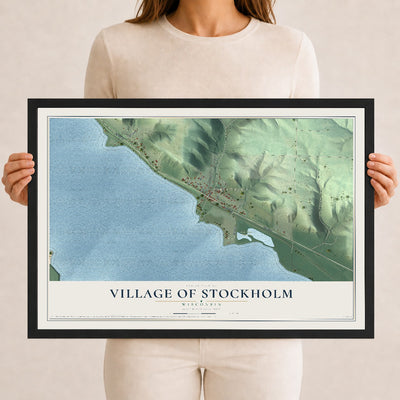 Map of Stockholm, Wisconsin, 12 x 18 inch print in a black wood frame