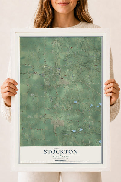 Map of Stockton, Wisconsin, 18 x 24 inch print in a white wood frame
