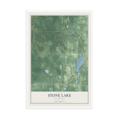 Map of Stone Lake, Wisconsin, 12 x 18 inch print in a white wood frame