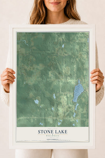 Map of Stone Lake, Wisconsin, 18 x 24 inch print in a white wood frame