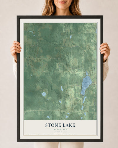 Map of Stone Lake, Wisconsin, 24 x 36 inch print in a black wood frame