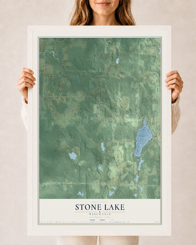 Map of Stone Lake, Wisconsin, 24 x 36 inch print in a white wood frame