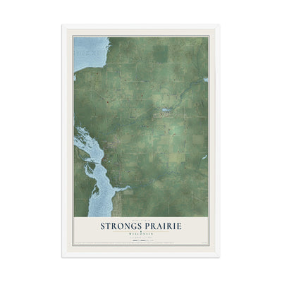 Map of Strongs Prairie, Wisconsin, 12 x 18 inch print in a white wood frame
