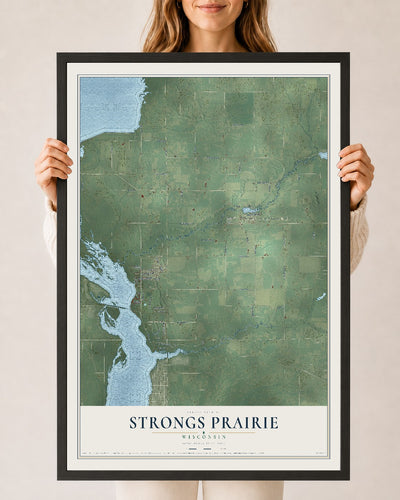 Map of Strongs Prairie, Wisconsin, 24 x 36 inch print in a black wood frame