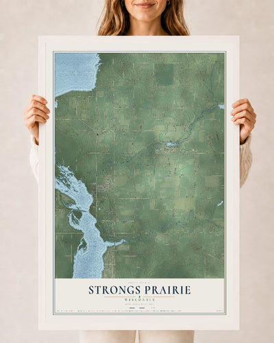 Map of Strongs Prairie, Wisconsin, 24 x 36 inch print in a white wood frame