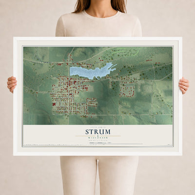 Map of Strum, Wisconsin, 24 x 36 inch print in a white wood frame