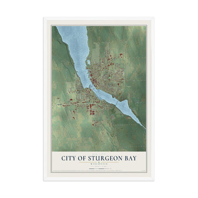 Map of Sturgeon Bay, Wisconsin, 12 x 18 inch print in a white wood frame