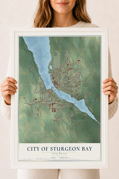 Map of Sturgeon Bay, Wisconsin, 18 x 24 inch print in a white wood frame