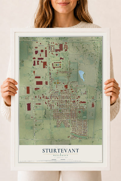 Map of Sturtevant, Wisconsin, 18 x 24 inch print in a white wood frame