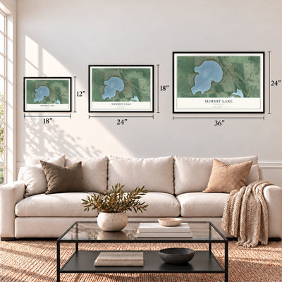 Summit Lake, Wisconsin map in 12 x 18, 18 x 24 and 24 x 36 inch sizes above a sofa