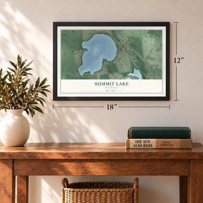 Summit Lake, Wisconsin map, 12 x 18 inch print in a black frame in an entryway
