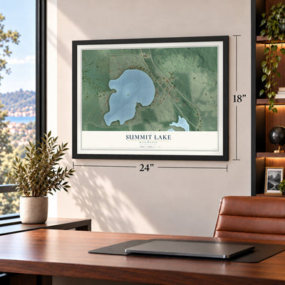 Summit Lake, Wisconsin map, 18 x 24 inch print in a black frame in a home office