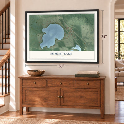 Summit Lake, Wisconsin map, 24 x 36 inch print in a black frame above a dresser by a staircase