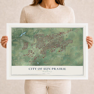Map of Sun Prairie, Wisconsin, 12 x 18 inch print in a white wood frame