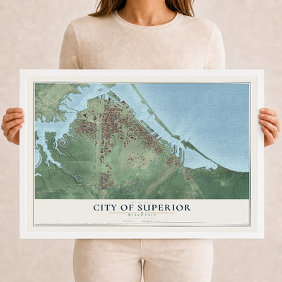 Map of Superior, Wisconsin, 12 x 18 inch print in a white wood frame