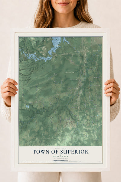 Map of the Town of Superior, Wisconsin, 18 x 24 inch print in a white wood frame