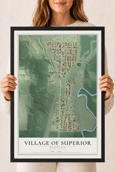 Map of the Village of Superior, Wisconsin, 18 x 24 inch print in a black wood frame
